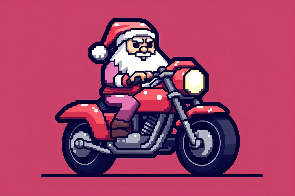 Santa on motorcycle pixel vehicle wheel transportation.