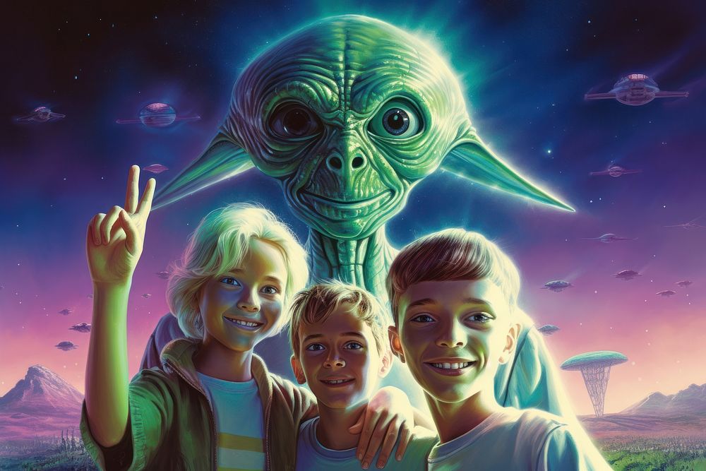 Kids taking selfie with aliens portrait art representation.
