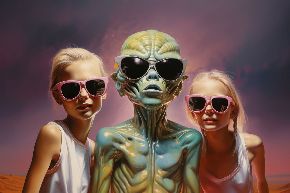 Kids taking selfie with aliens sunglasses portrait adult.