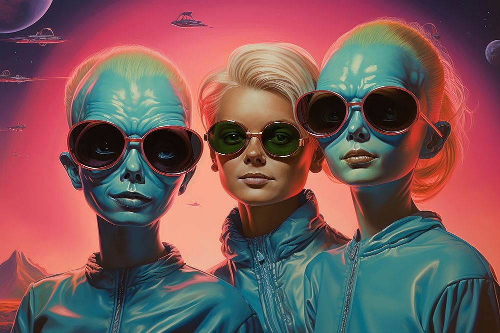 Kids taking selfie with aliens art sunglasses adult.