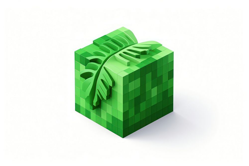 3D pixel art monstera leaf gift box white background.