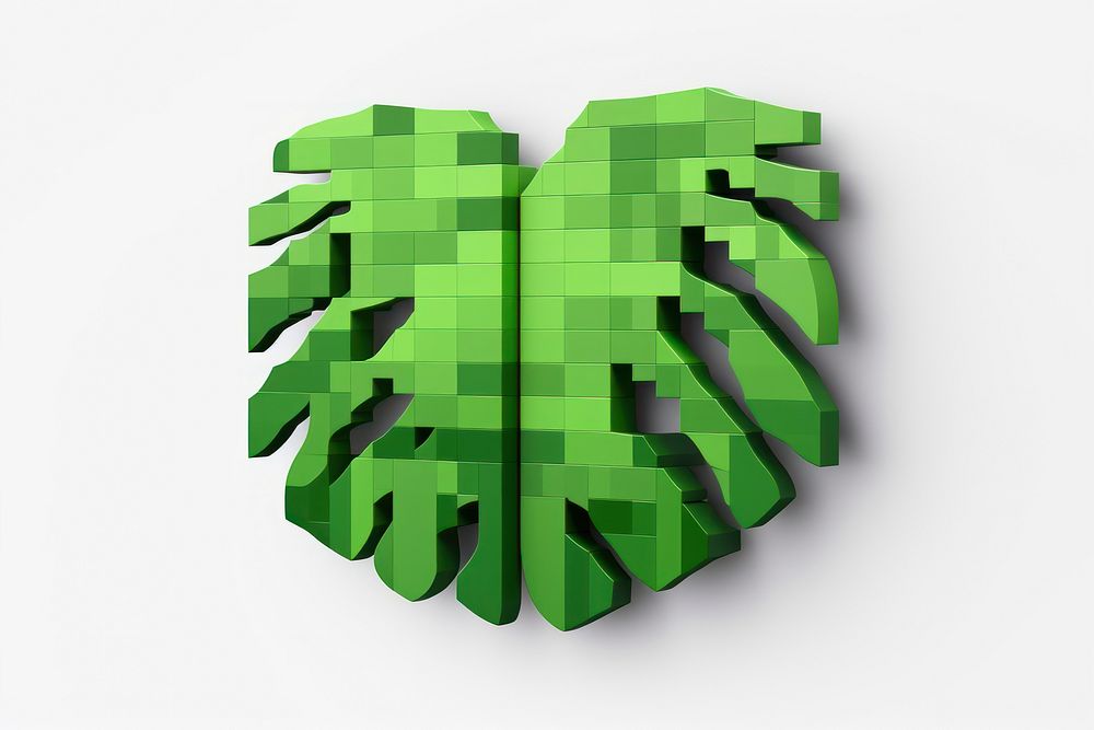 3D pixel art monstera leaf green plant white background.