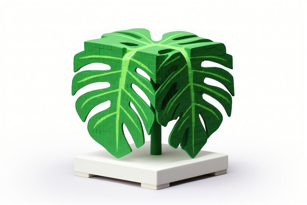 3D pixel art monstera leaf plant tree white background.