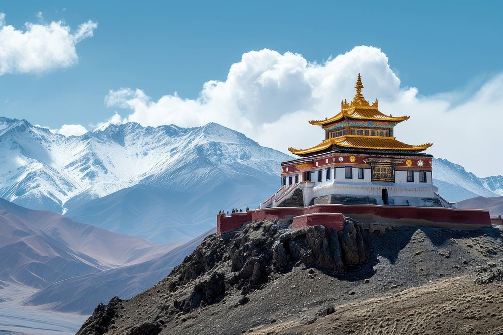 The Temple in in Tibet on summit mountain architecture building landmark.
