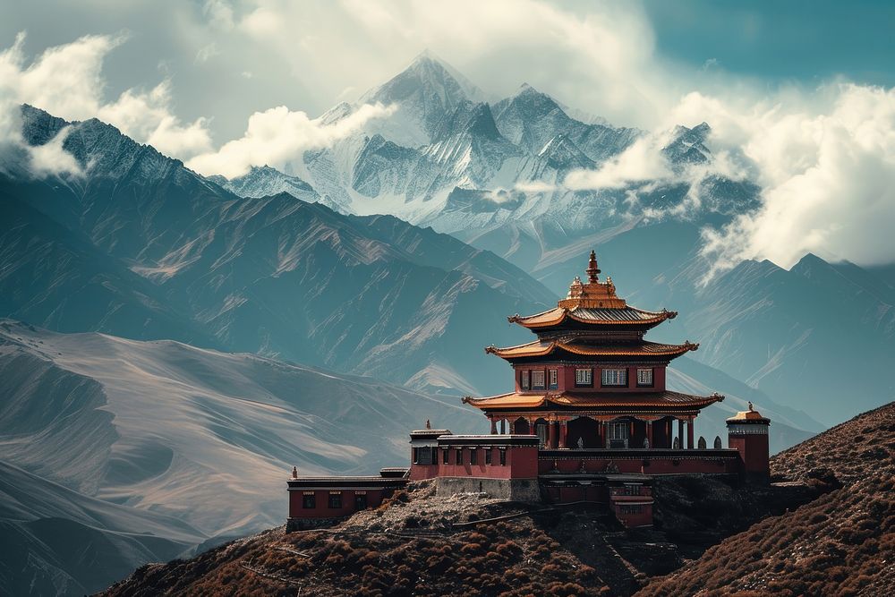 The Temple in in Tibet on summit mountain architecture building landmark.