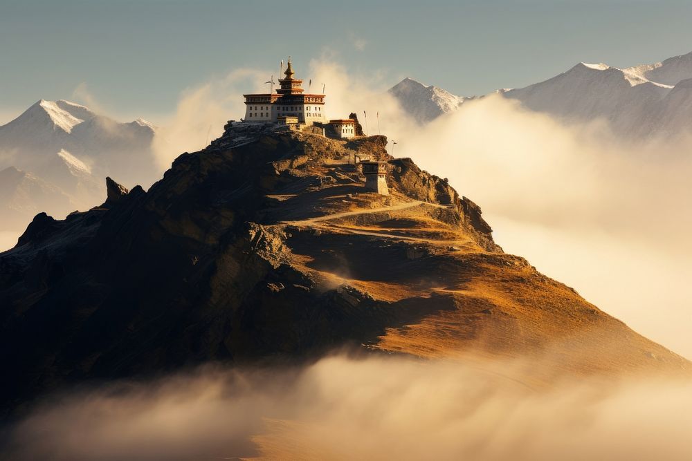 The Temple in in Tibet on summit mountain architecture landscape building.