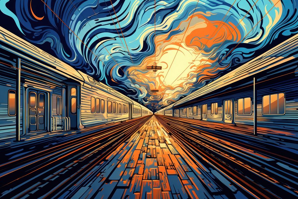 Train station in the style of graphic novel painting train art.