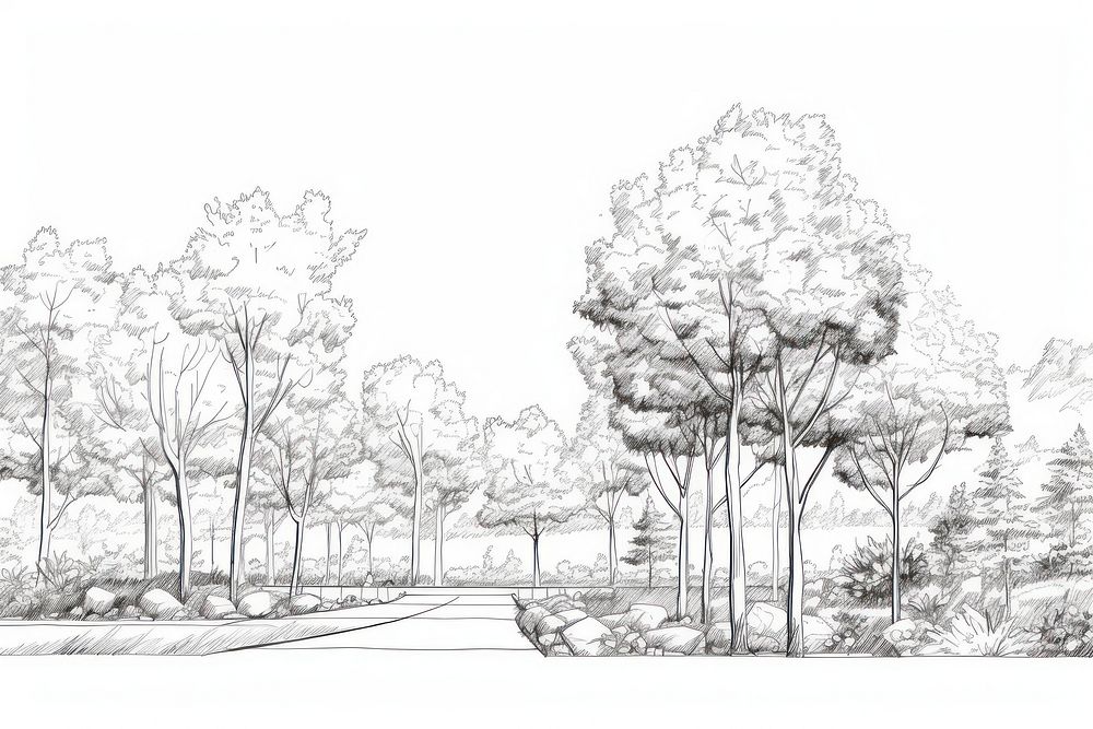 Tree park sketch outline drawing.