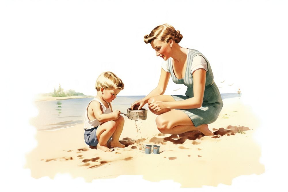 Mother and child playing beach sand outdoors.
