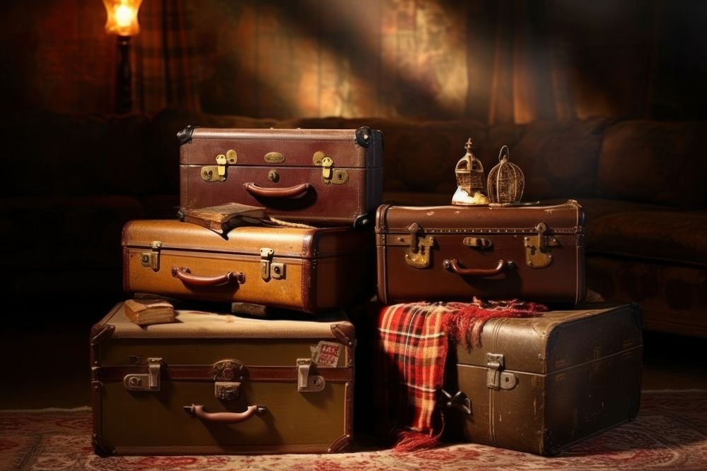 Vintage suitcases luggage briefcase container.