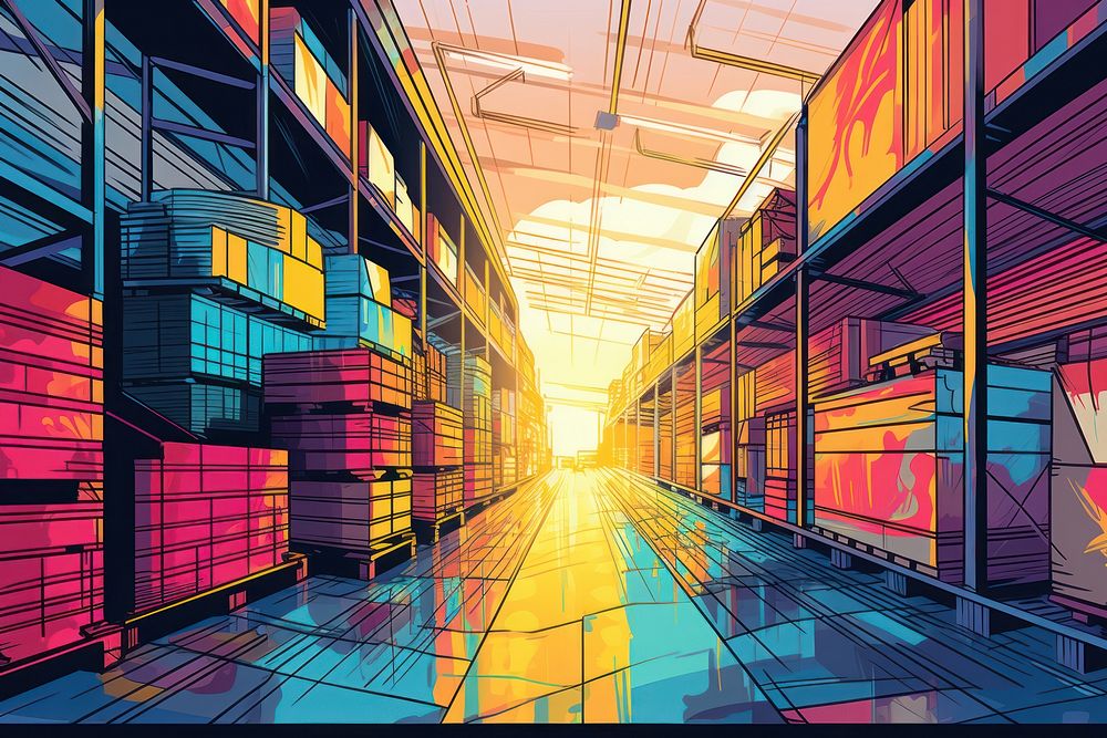 Warehouse in the style of graphic novel architecture warehouse building.