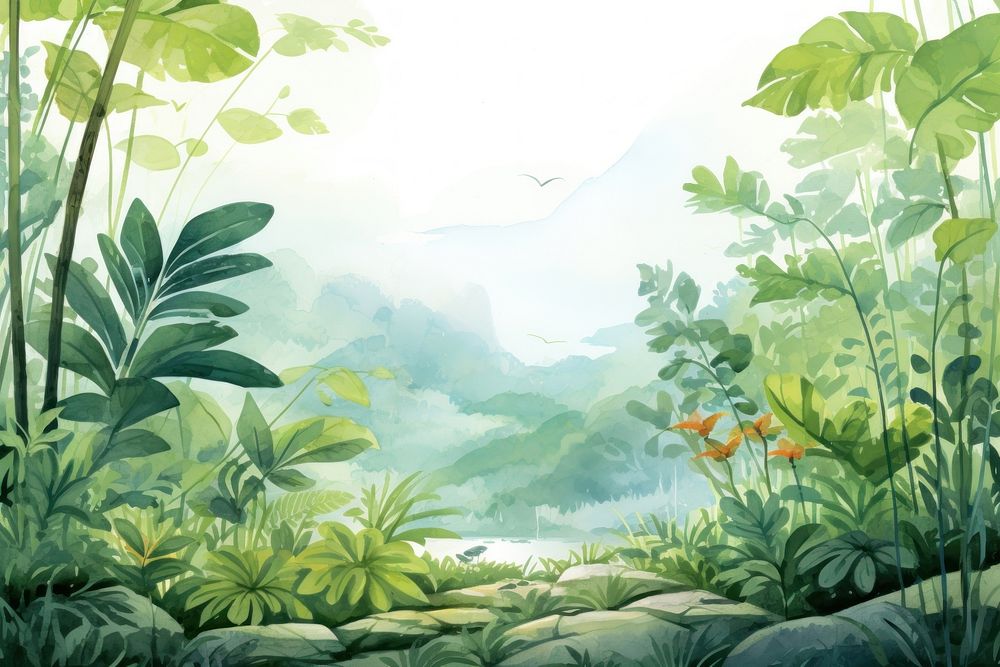Watercolor of plants and leaved mountain in jungle vegetation landscape outdoors.