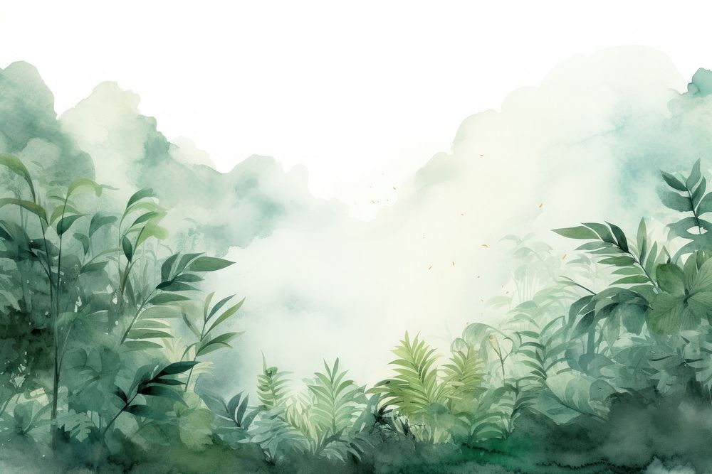 Watercolor of plants and leaved mountain in jungle vegetation outdoors nature.