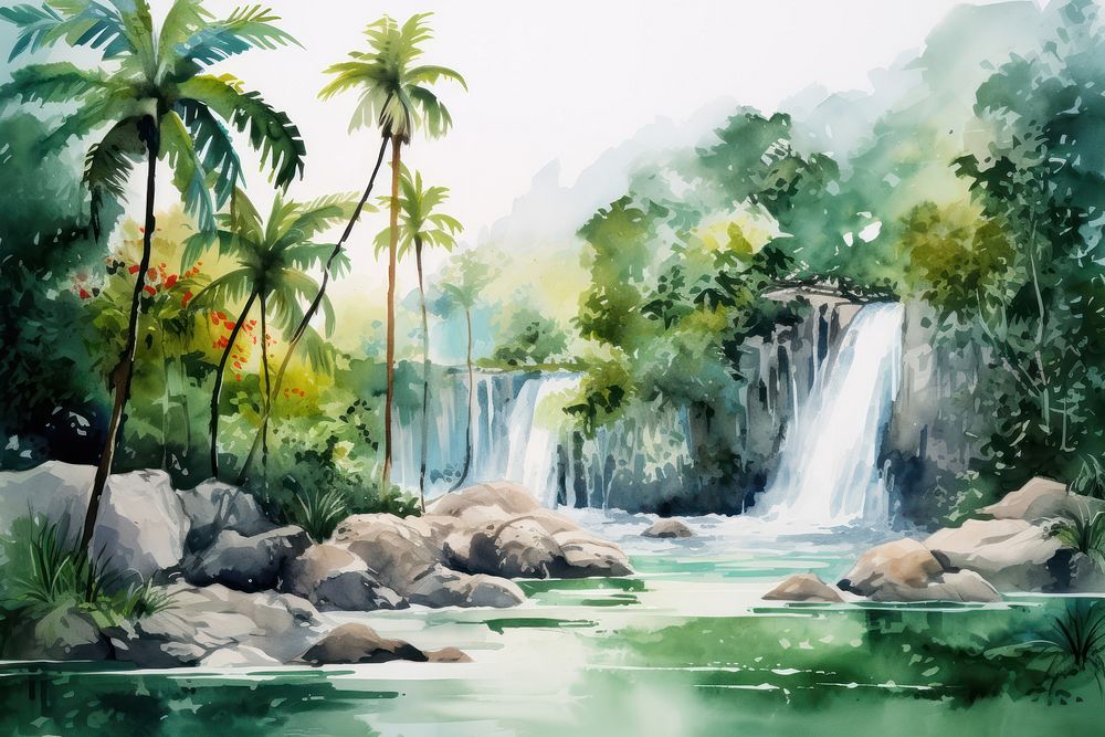 Watercolor of the tropical waterfall and river in jungle outdoors tropics nature.