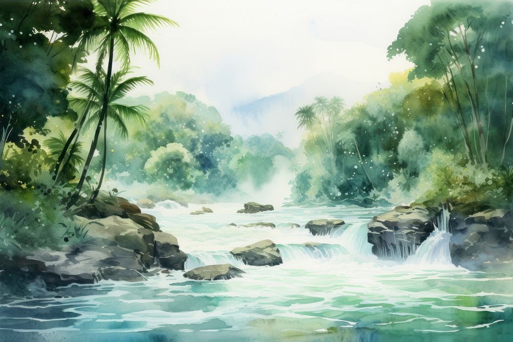 Watercolor of the tropical rainforest and river waterfall landscape outdoors.