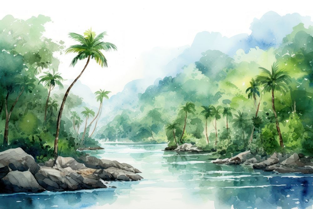 Watercolor of the tropical rainforest and river landscape outdoors tropics.