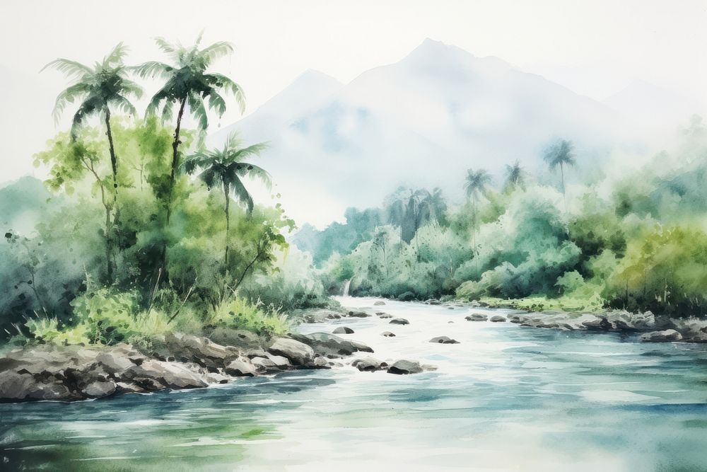 Watercolor of the tropical rainforest and river landscape outdoors nature.