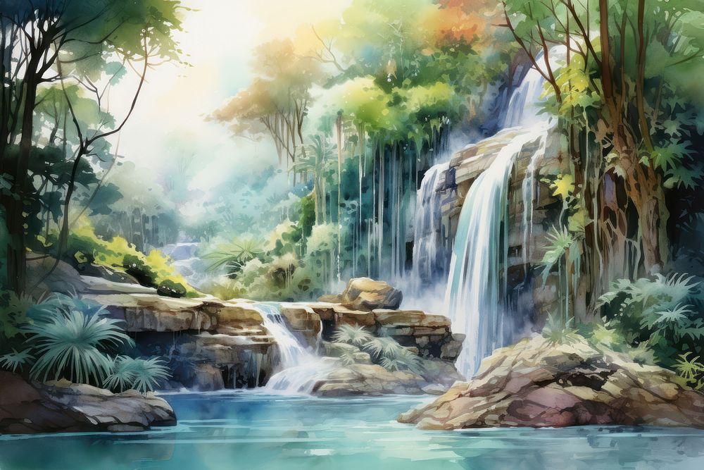 Watercolor of waterfall in jungle landscape outdoors nature.