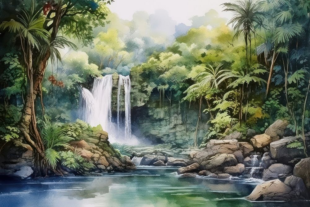 Watercolor of waterfall in jungle land vegetation landscape.