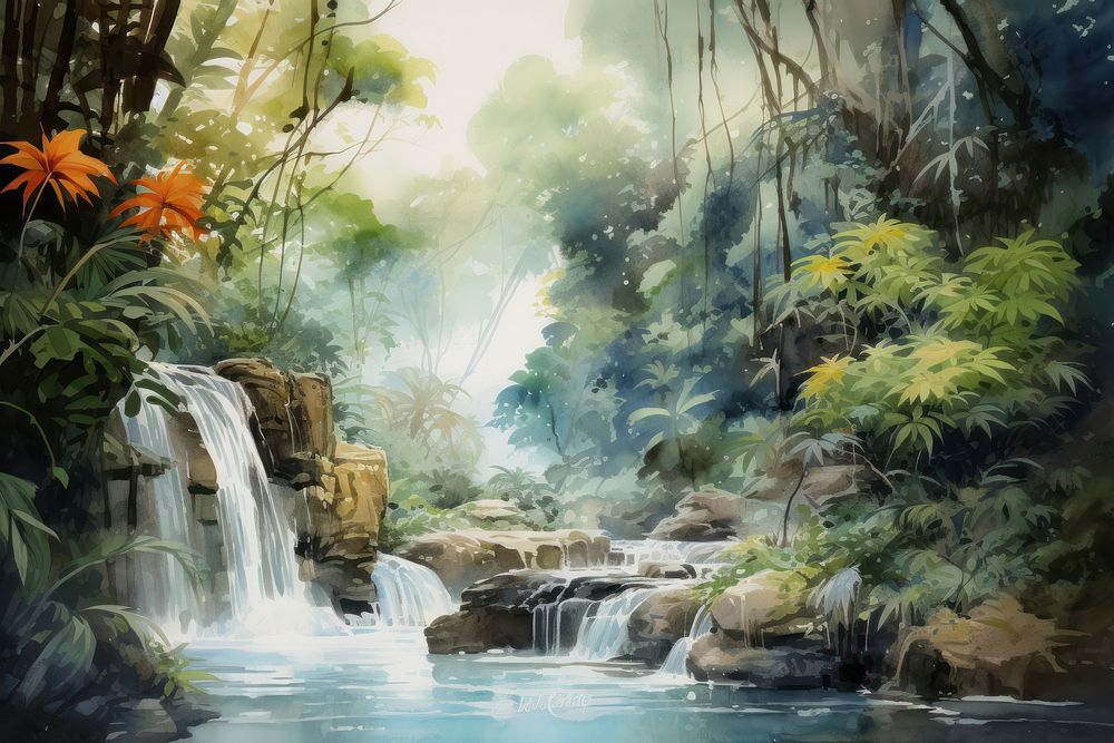 Watercolor of waterfall in jungle land landscape outdoors.