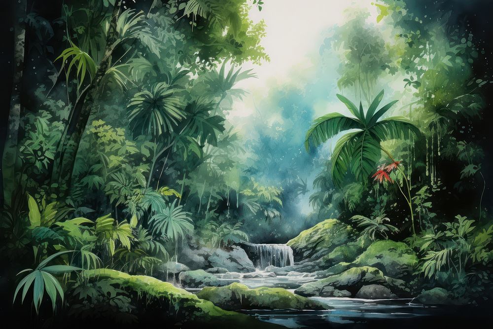 Watercolor drawing of in jungle background vegetation outdoors forest.