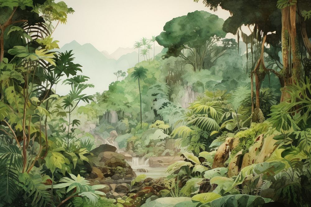 Watercolor drawing of in jungle background vegetation outdoors woodland.