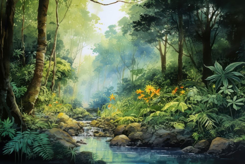 Watercolor drawing of in jungle background vegetation landscape outdoors.
