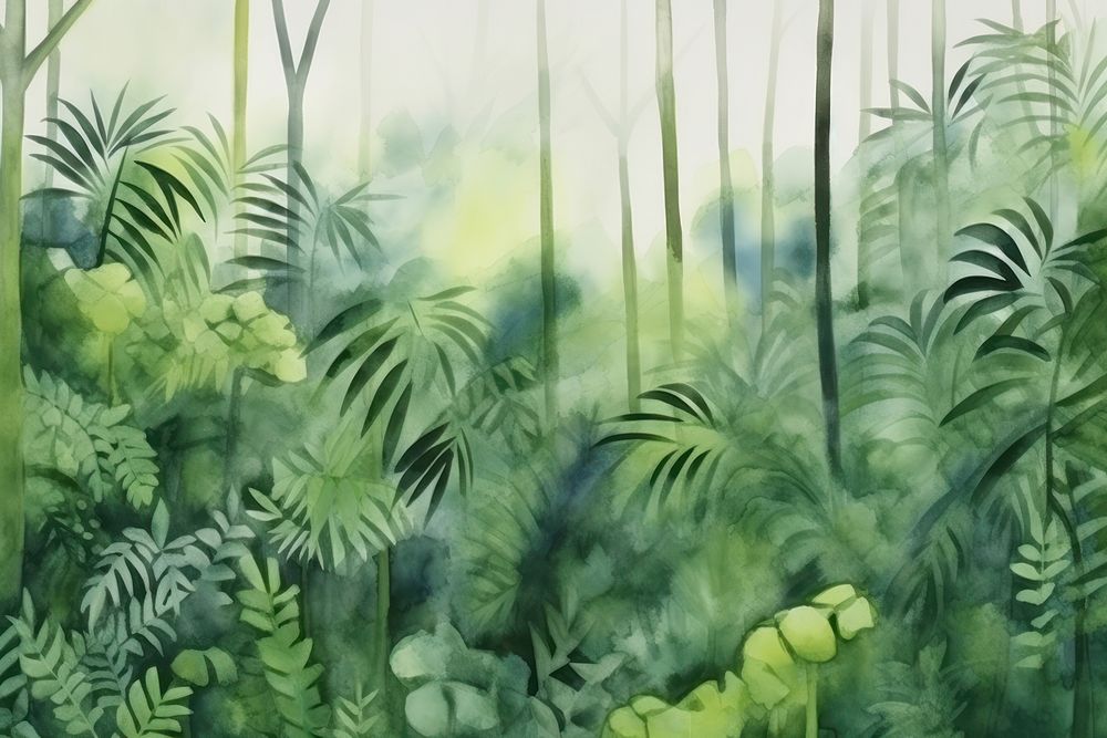 Watercolor illustration of jungle in the rainy backgrounds vegetation outdoors.