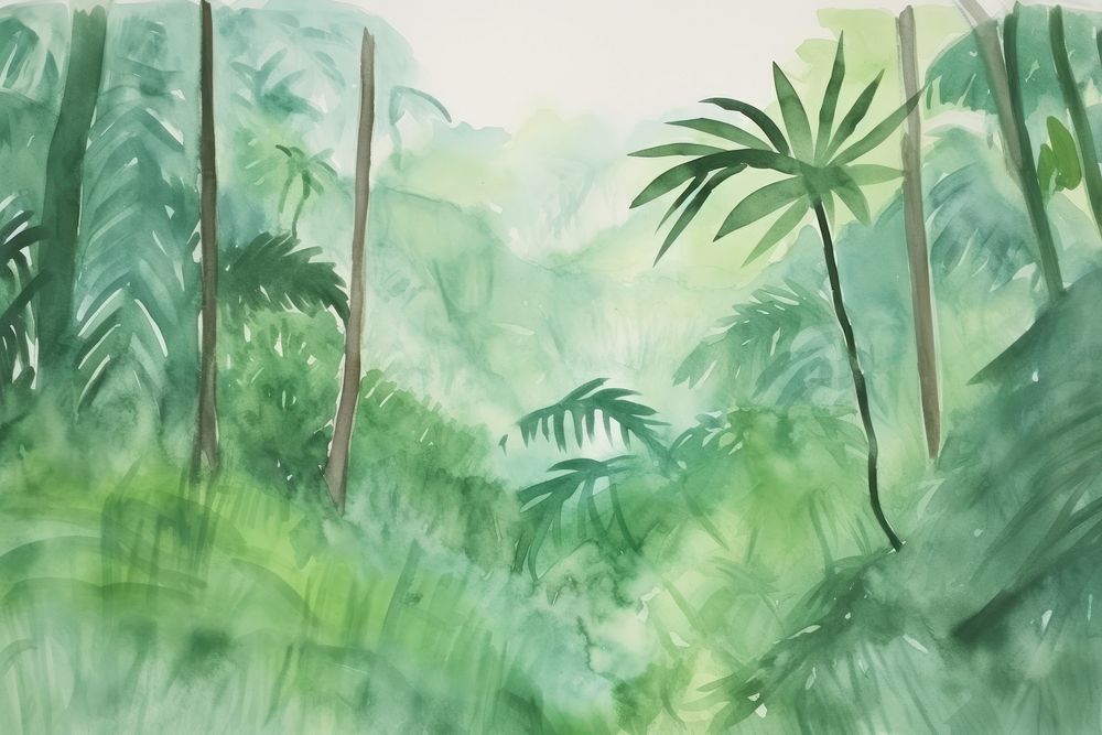 Watercolor illustration of jungle in the rainy backgrounds vegetation outdoors.
