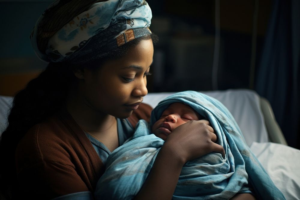 African American mother hold new baby born childbirth portrait hospital.