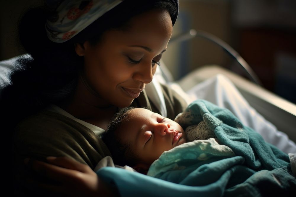 African American mother hold new baby born hospital childbirth portrait.