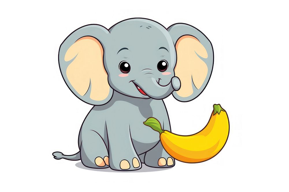 Elephant holding banana cartoon drawing animal.