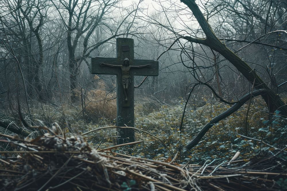 A jesus cross in sunken old forest outdoors cemetery woodland.