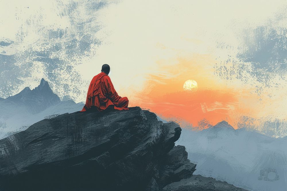 A pensive Buddhist monk meditates mountain outdoors nature.