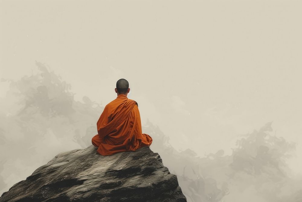 A pensive Buddhist monk meditates adult cross-legged spirituality.