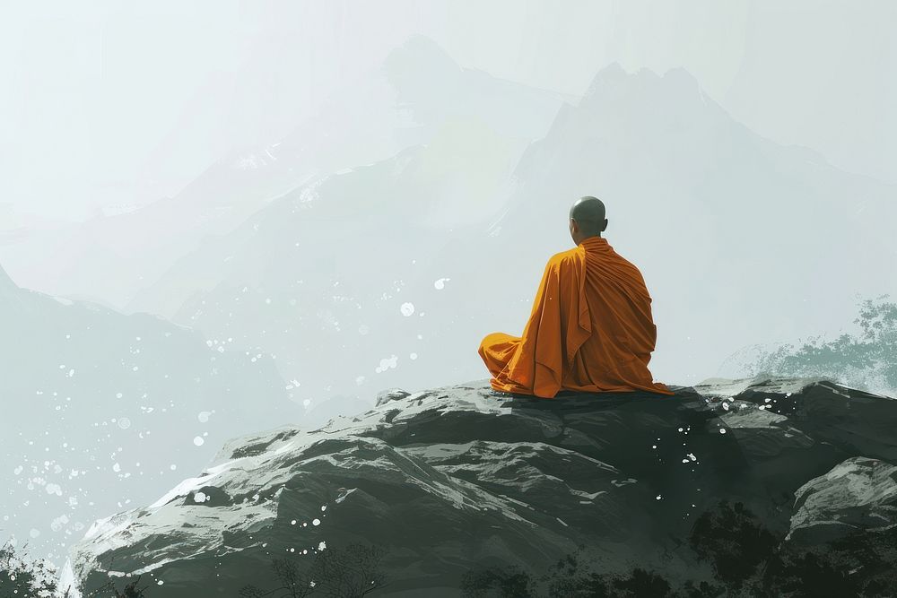 A pensive Buddhist monk meditates mountain adult cross-legged.