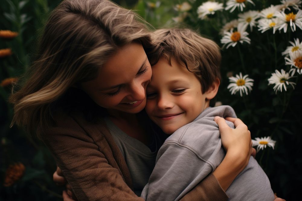 Mother and son hugging portrait flower adult.