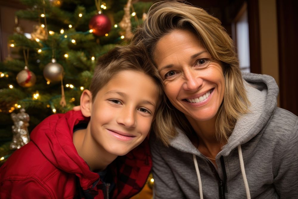 Mother and son smile christmas portrait.