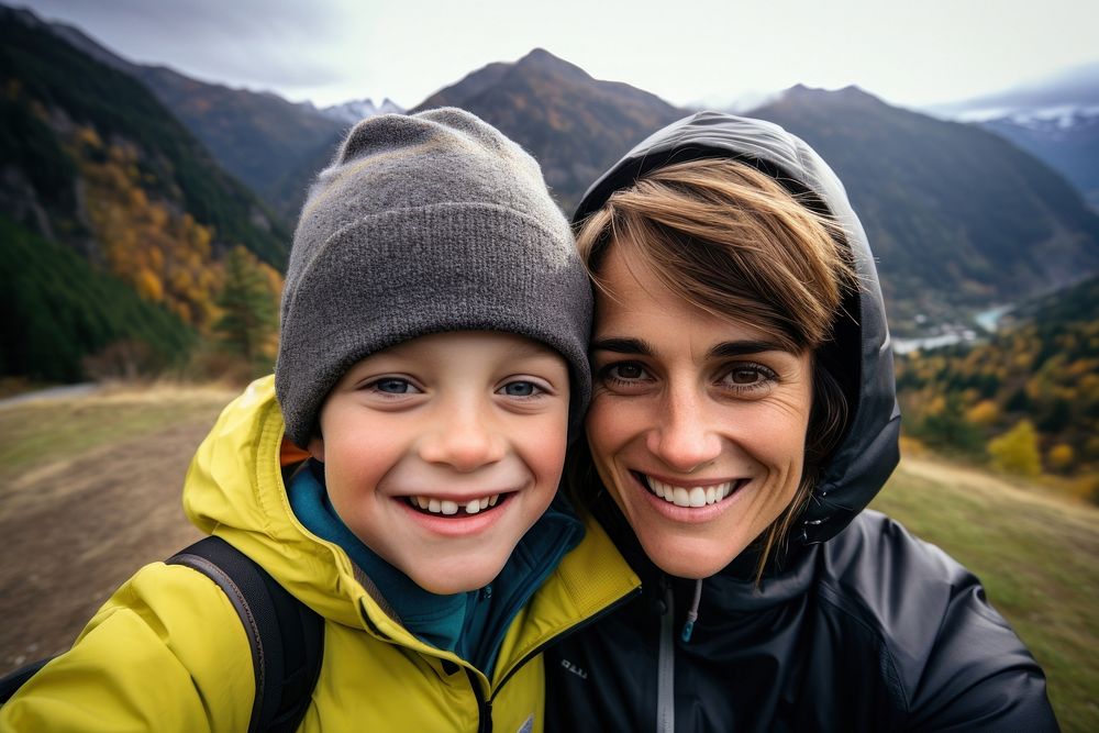 Mother and son smile mountain portrait.