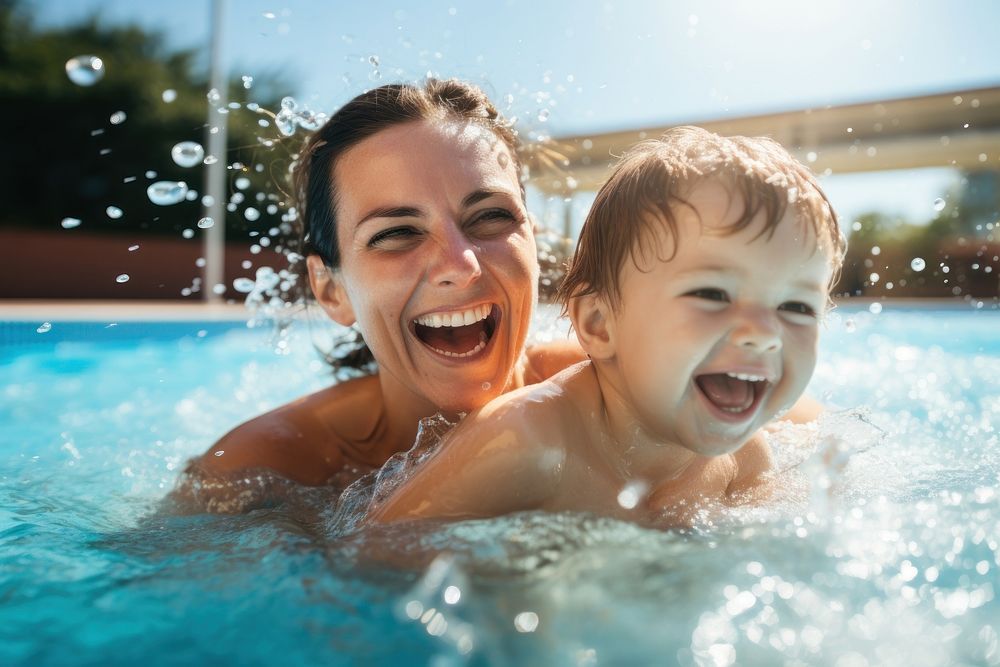 Mother and toddler swimming laughing outdoors.