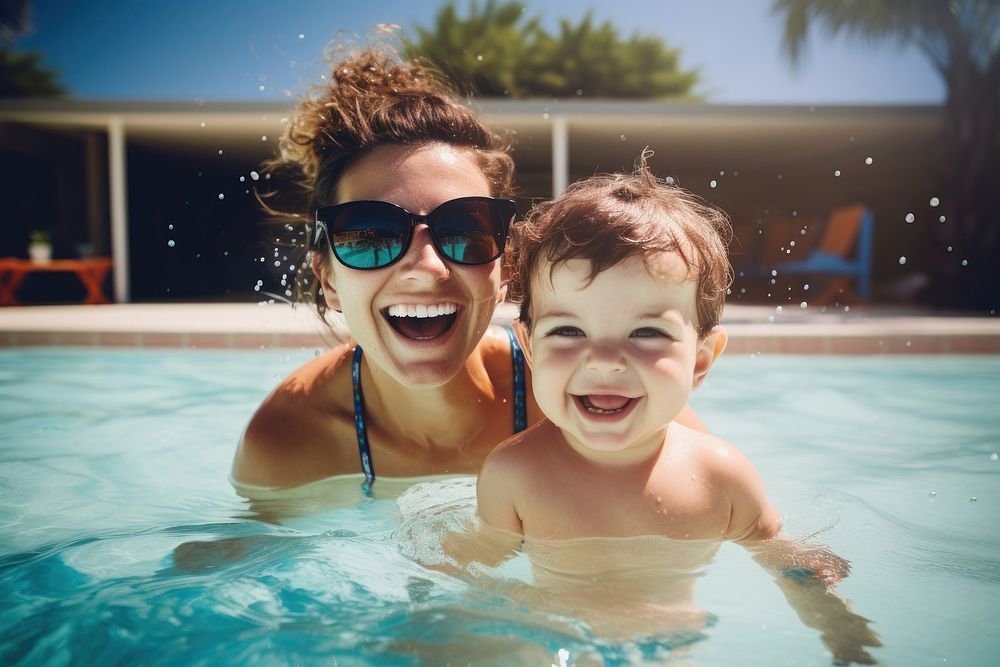 Mother and toddler sunglasses swimming swimwear.