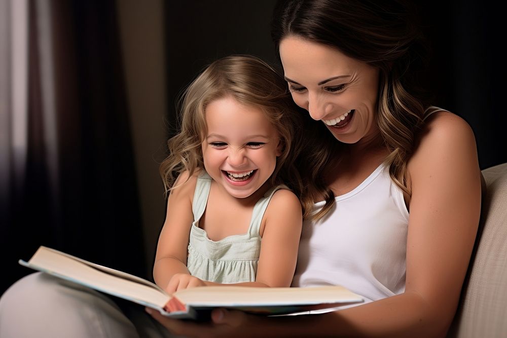 Mother and toddler reading laughing child.