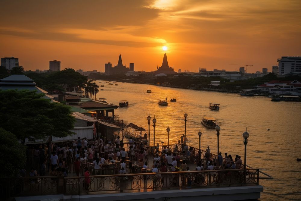 Chao phraya river sunset architecture cityscape.