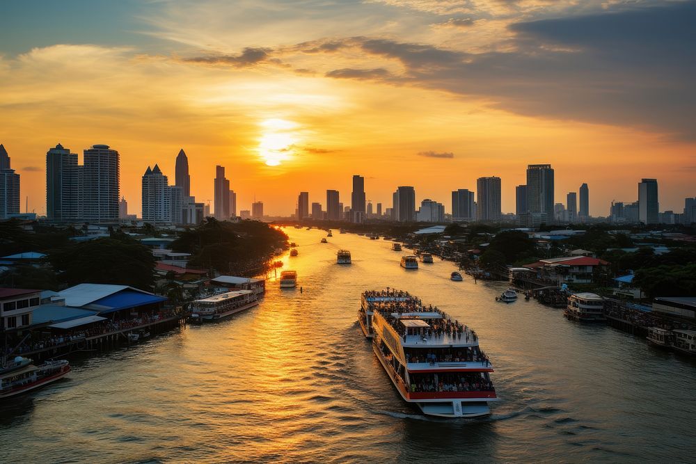 Chao phraya river architecture waterfront cityscape.