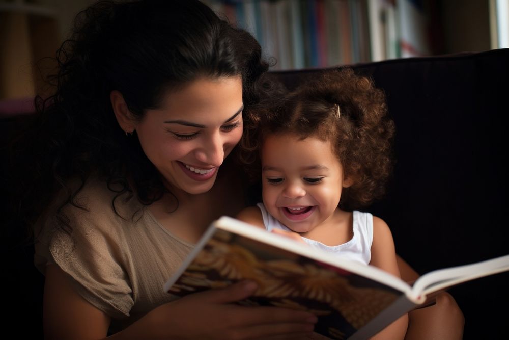 Mother and toddler reading portrait adult.