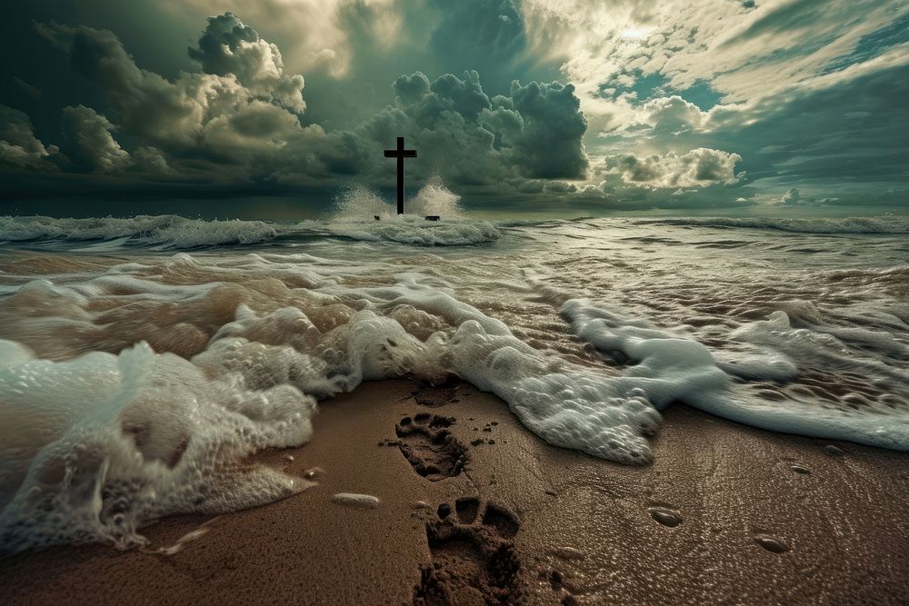 A powerful image of a stormy beach with dark clouds outdoors nature ocean.
