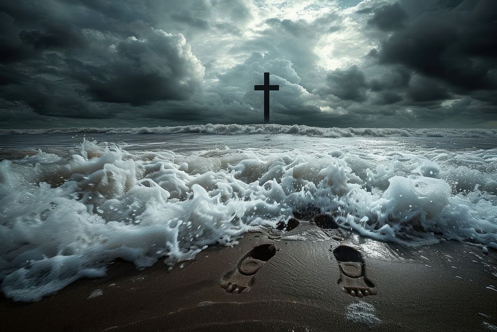 A powerful image of a stormy beach with dark clouds cross outdoors nature.