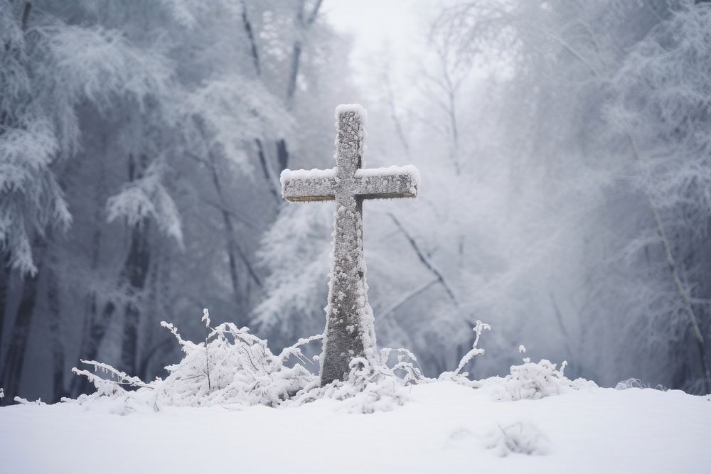 Cemetery cross snow outdoors.