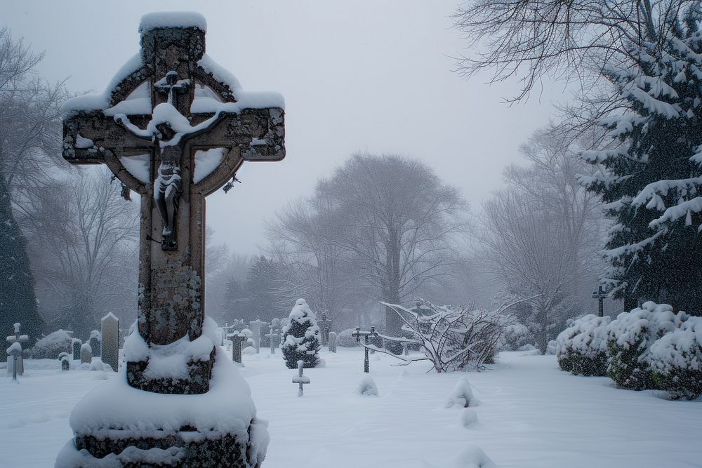Cemetery winter cross snow.