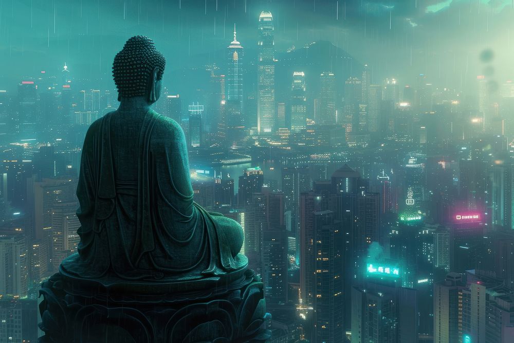 A serene Buddha amidst a digital metropolis architecture cityscape building.